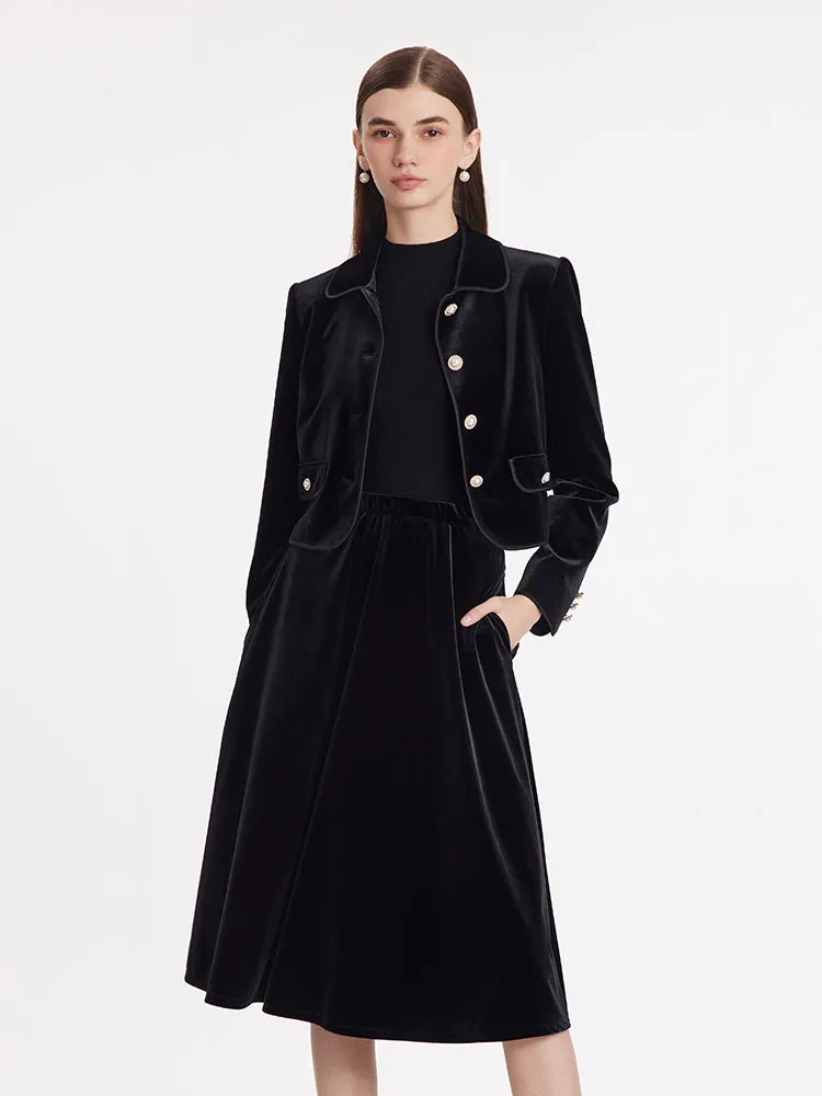 Velvet Crop Jacket And Skirt Two-Piece Suit With Detachable Bowknot