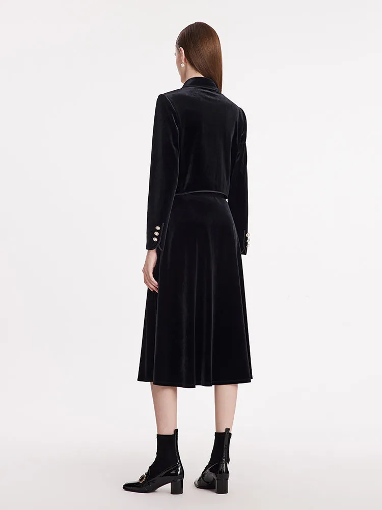 Velvet Crop Jacket And Skirt Two-Piece Suit With Detachable Bowknot