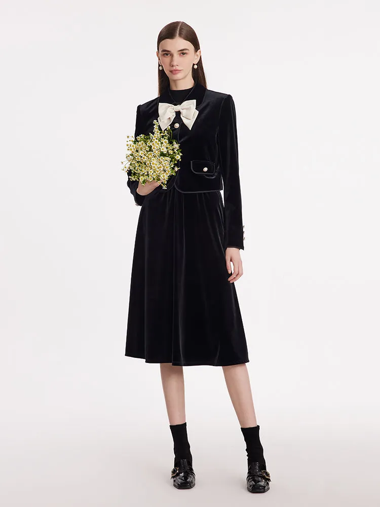 Velvet Crop Jacket And Skirt Two-Piece Suit With Detachable Bowknot