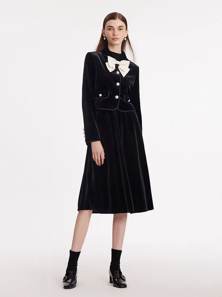 Velvet Crop Jacket And Skirt Two-Piece Suit With Detachable Bowknot