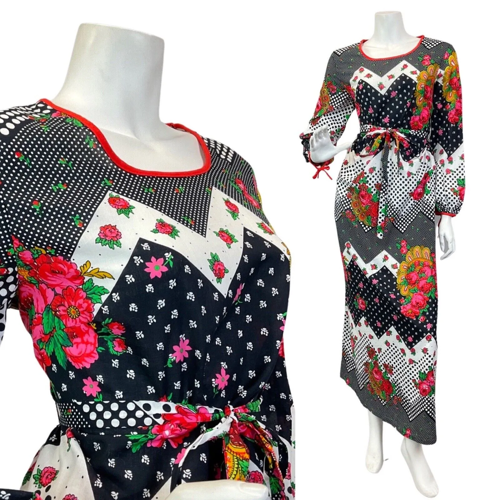 VINTAGE 60s 70s BLACK WHITE PINK POLKA-DOT FLORAL PSYCHEDELIC MAXI DRESS 12 14