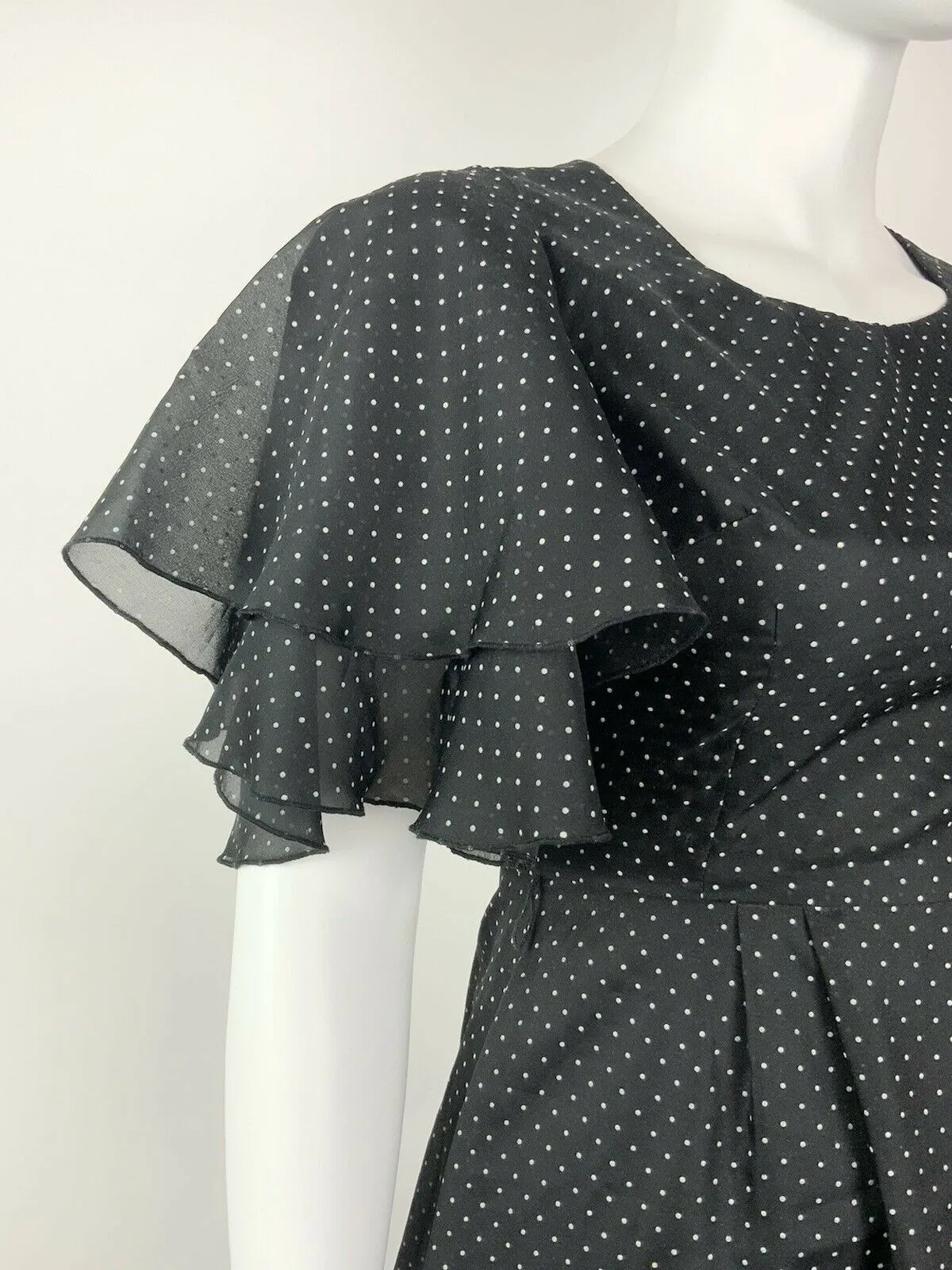 VINTAGE 60s 70s BLACK WHITE POLKA-DOT SHEER CAPE SLEEVE FLOATY MAXI DRESS 14 16