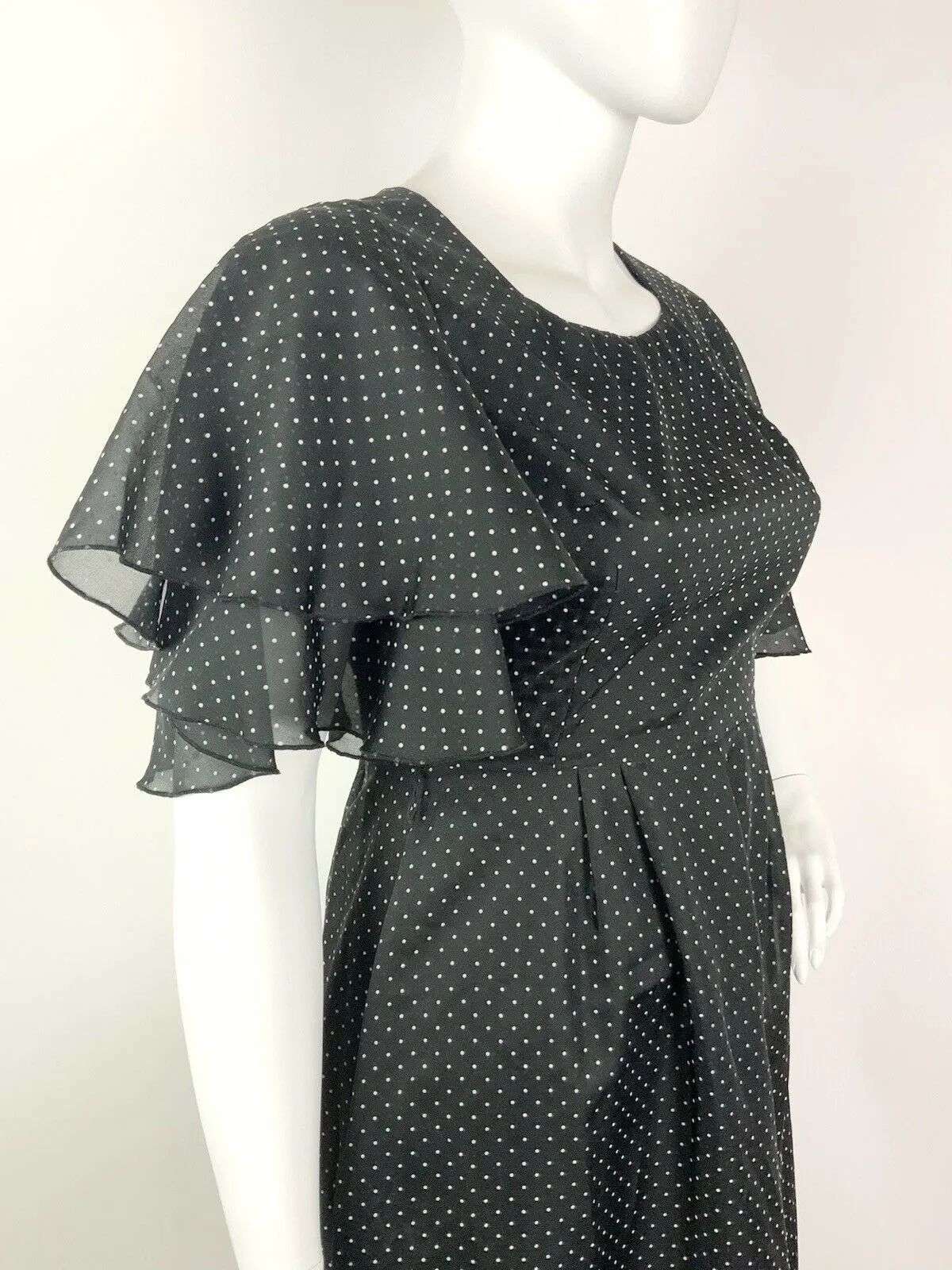 VINTAGE 60s 70s BLACK WHITE POLKA-DOT SHEER CAPE SLEEVE FLOATY MAXI DRESS 14 16