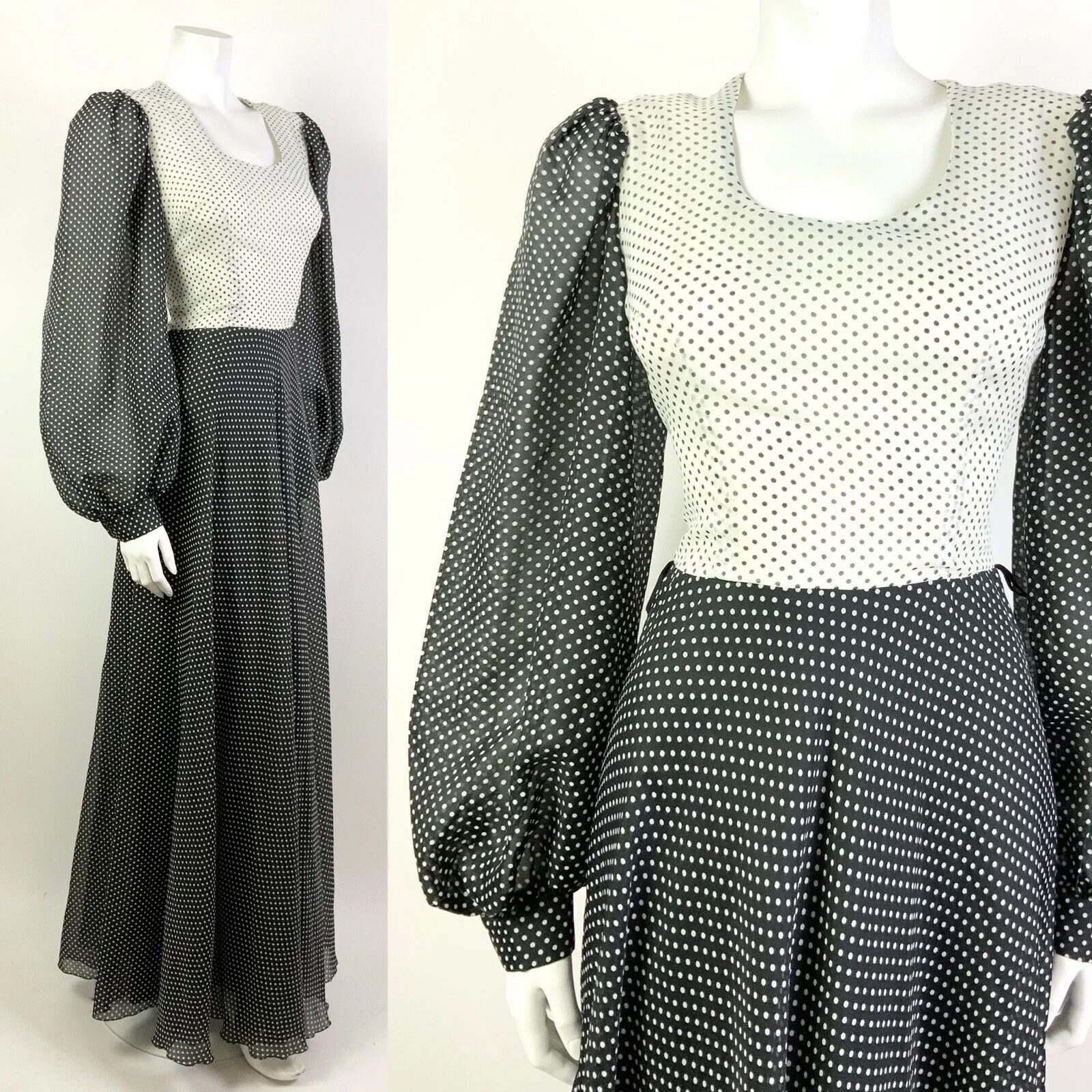 VINTAGE 60s 70s BLACK WHITE POLKA-DOT SHEER PUFF SLEEVE FLOATY MAXI DRESS 8