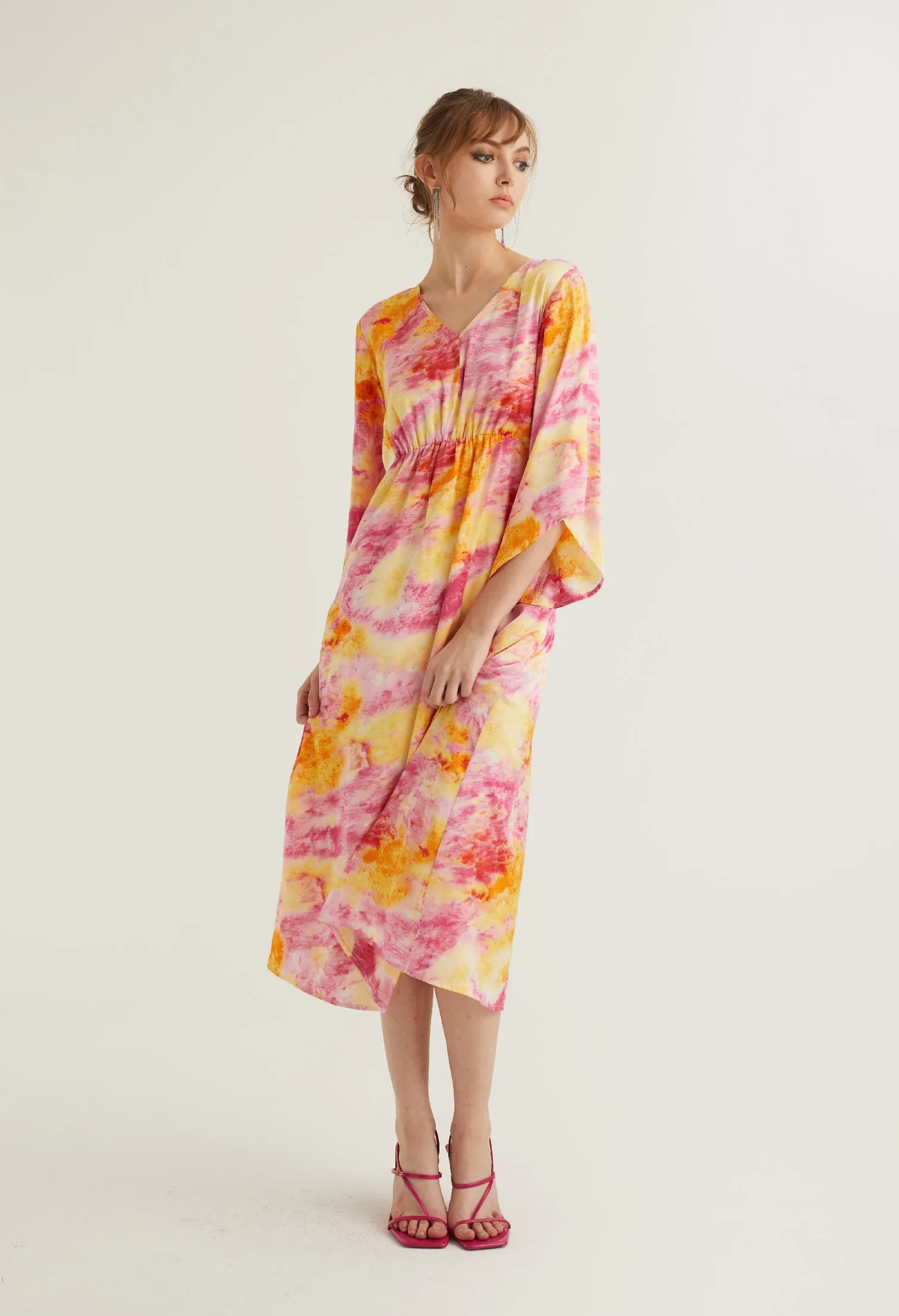 Watercolour Bell Sleeve Midi Dress