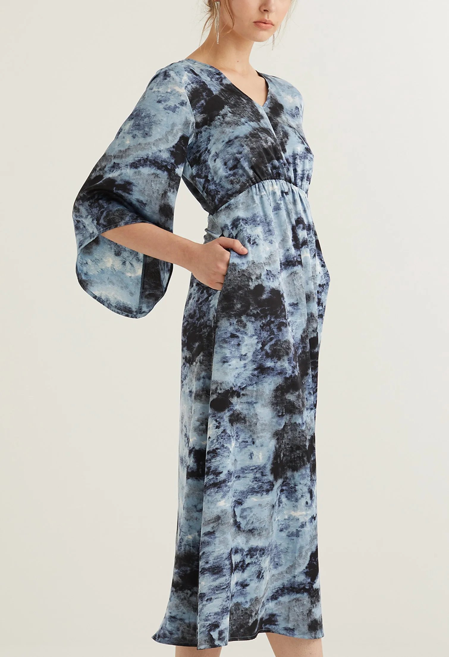 Watercolour Bell Sleeve Midi Dress