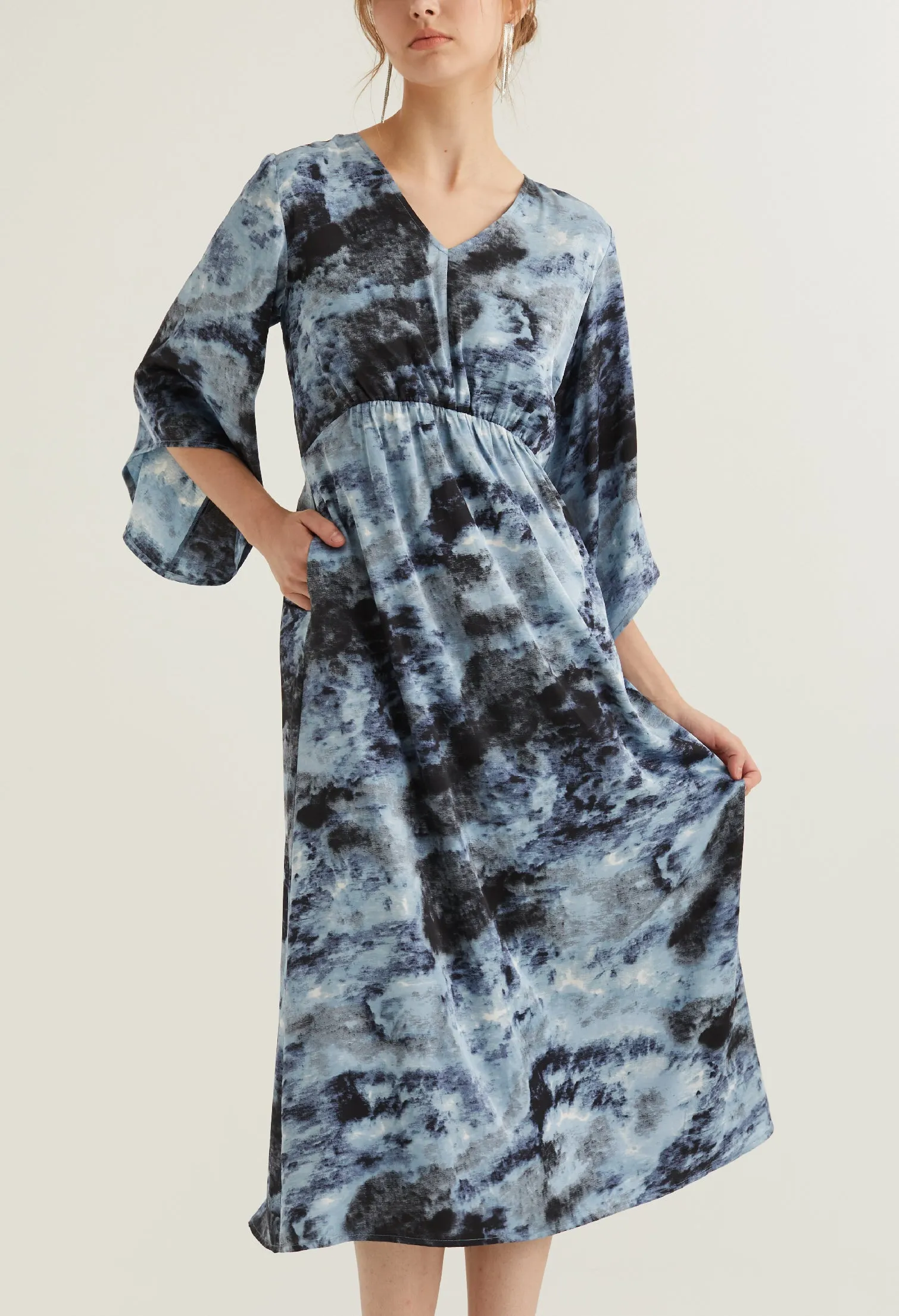 Watercolour Bell Sleeve Midi Dress