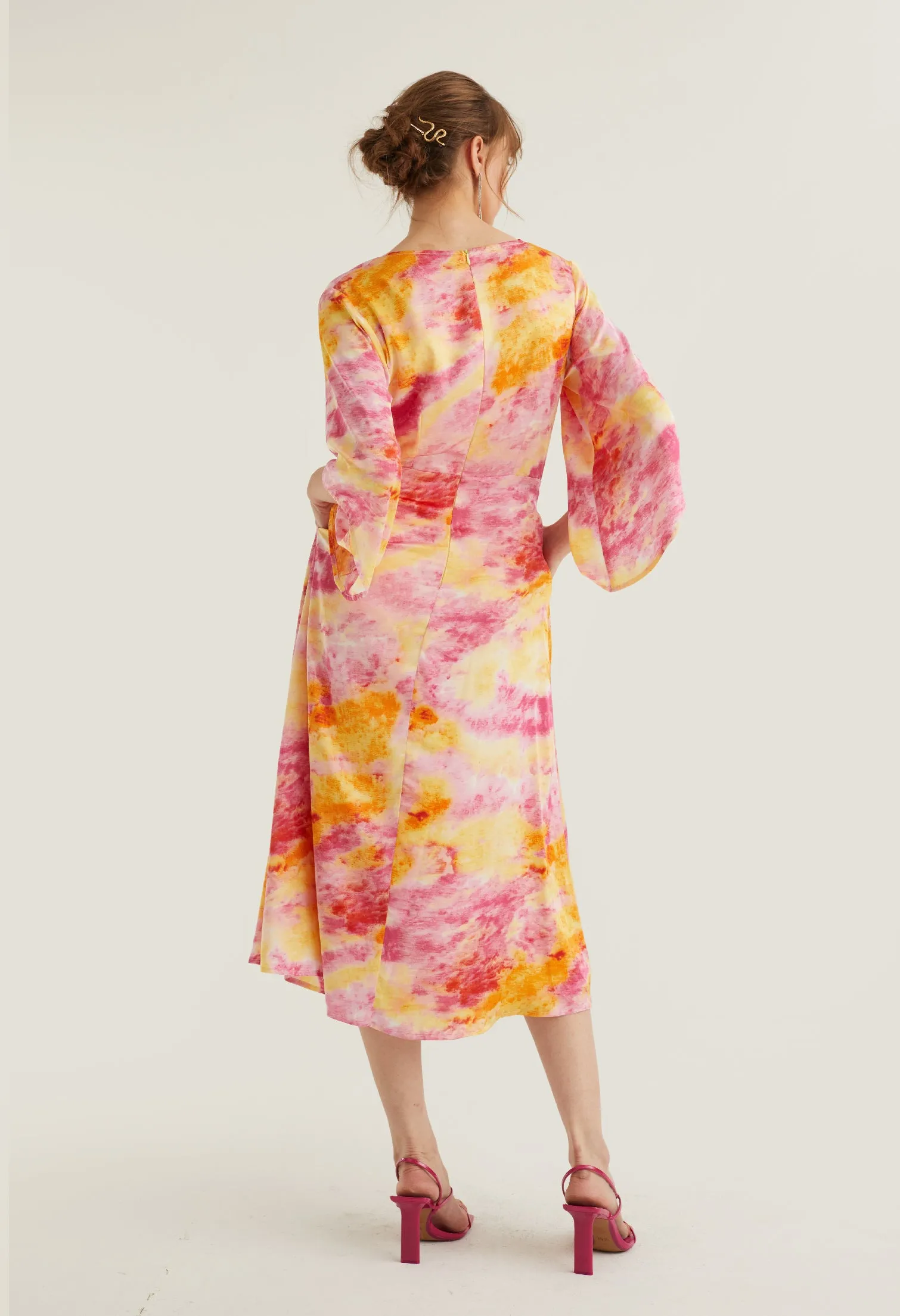 Watercolour Bell Sleeve Midi Dress