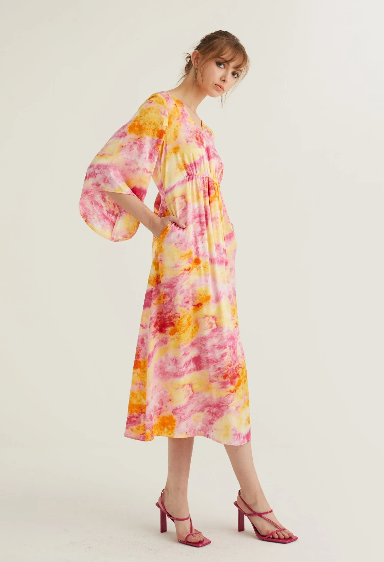 Watercolour Bell Sleeve Midi Dress