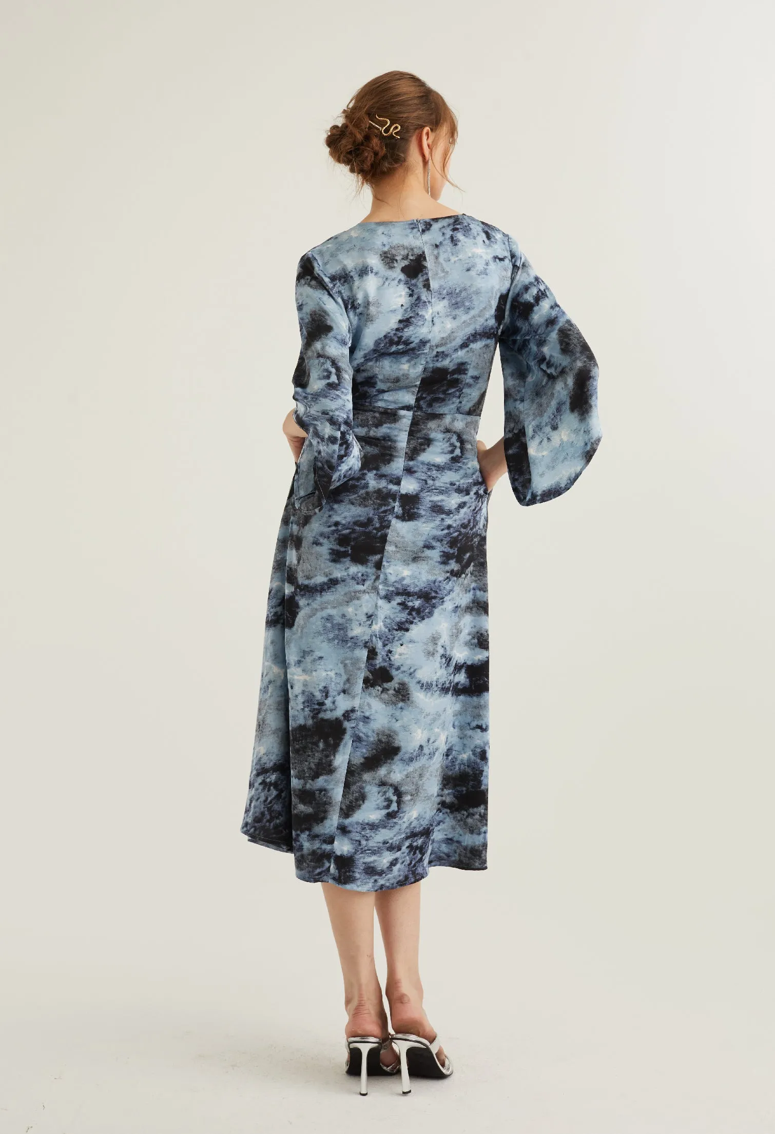 Watercolour Bell Sleeve Midi Dress