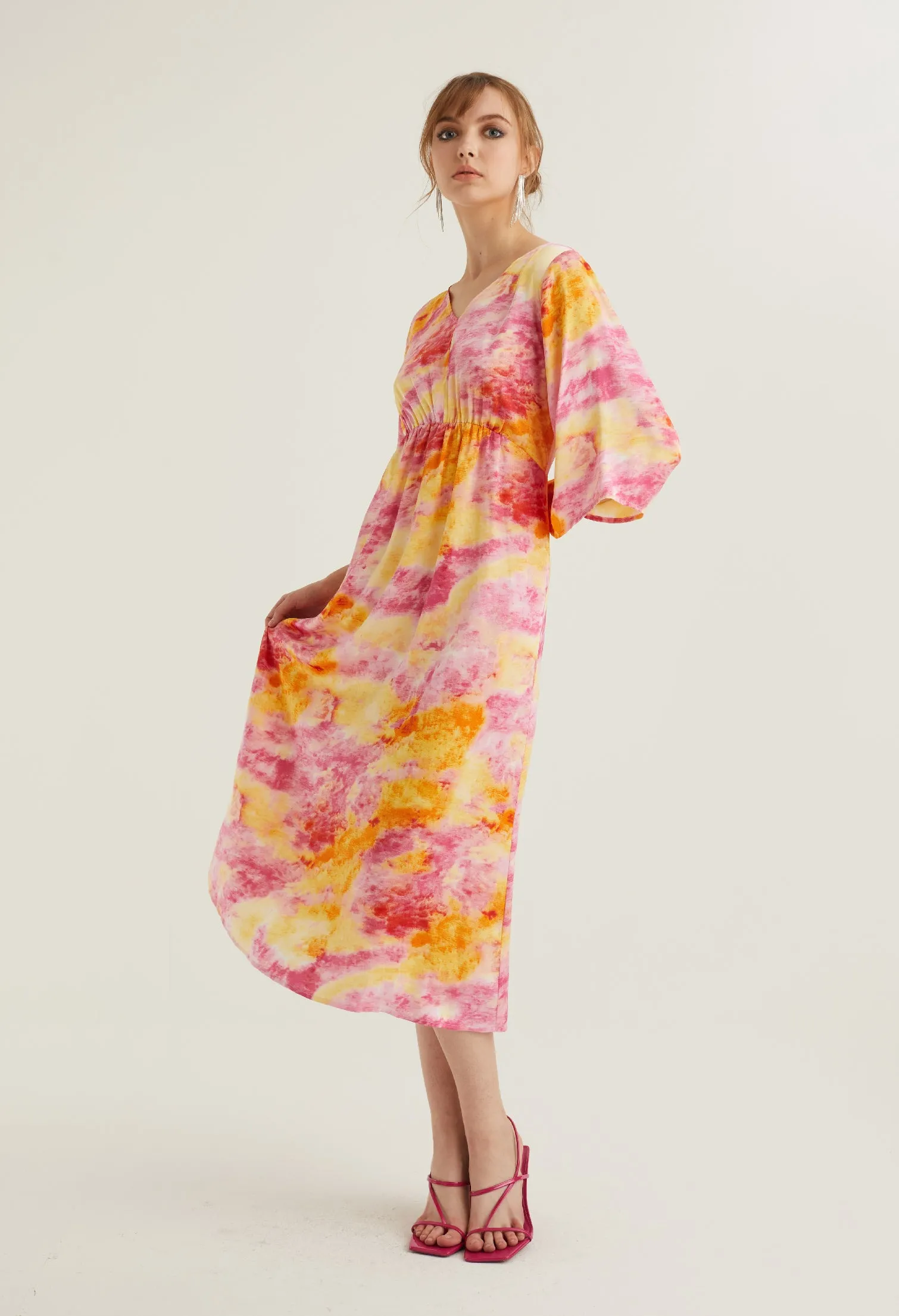 Watercolour Bell Sleeve Midi Dress