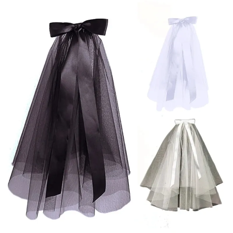 Wedding Tulle White Beige Black Bridal Veils Ribbon Edge Elegant Women Bridal Accessories Short Women Veil with Bowknot Decor