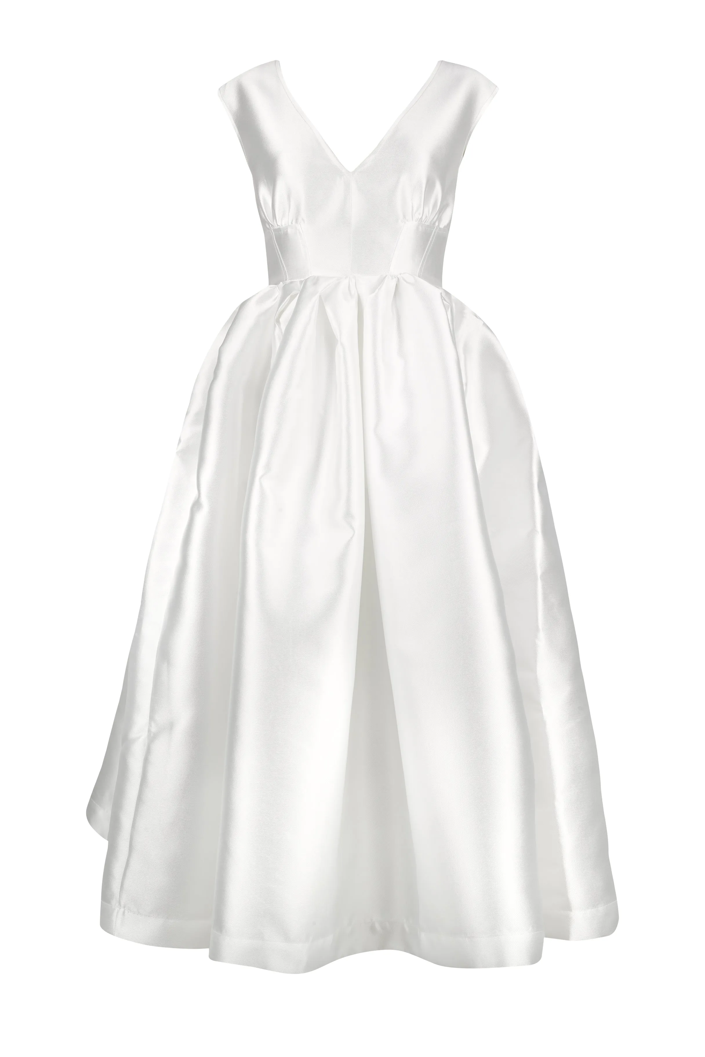 WHITE V NECK CINCHED PLEATED MIDI DRESS