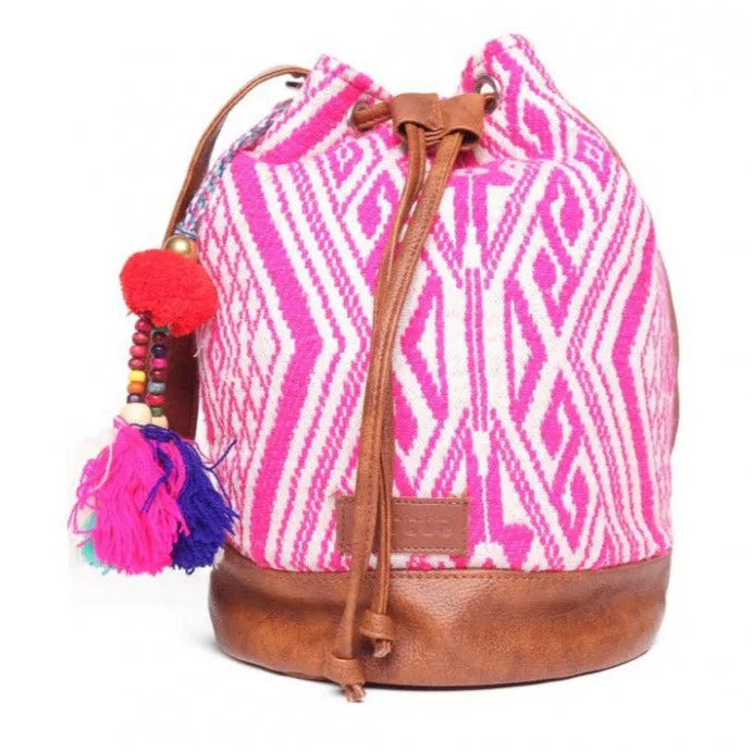 Women Multi Aztec Jacquard Sling Bag With Drawstring Closure