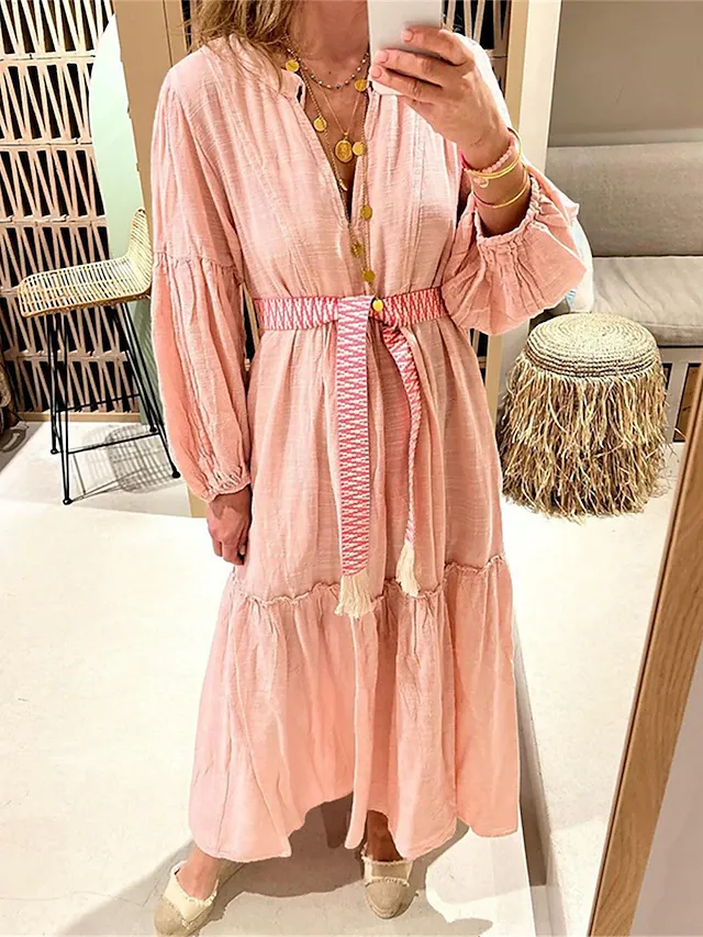 Women's Casual Dress Cotton Linen Dress Swing Dress Maxi long Dress Cotton Blend Basic Casual Outdoor Daily Vacation V Neck Pocket Cut Out Long Sleeve Summer Spring Fall 2023 Regular Fit Pink Plain S