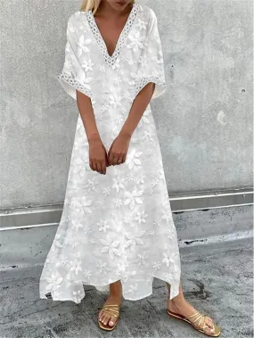 Women's Casual Dress Cotton Linen Dress Swing Dress Maxi long Dress Cotton Blend Fashion Modern Outdoor Daily Deep V Lace Patchwork Half Sleeve Summer Spring Fall 2023 Loose Fit White Floral Plain S