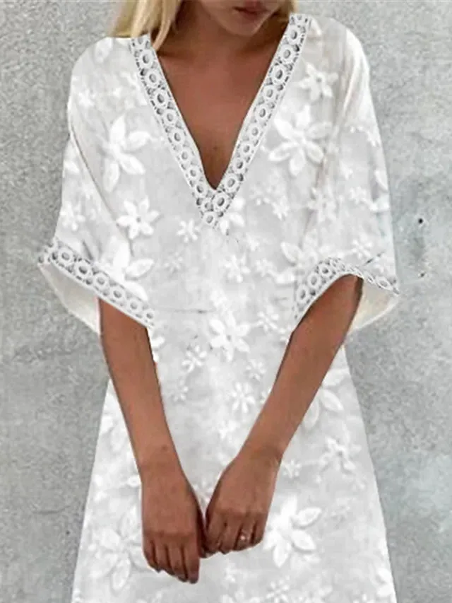 Women's Casual Dress Cotton Linen Dress Swing Dress Maxi long Dress Cotton Blend Fashion Modern Outdoor Daily Deep V Lace Patchwork Half Sleeve Summer Spring Fall 2023 Loose Fit White Floral Plain S