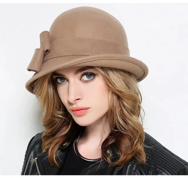 Women's Winter Fashion Hat - Formal Headwear with Asymmetric Bowknot - 100% Wool Felt