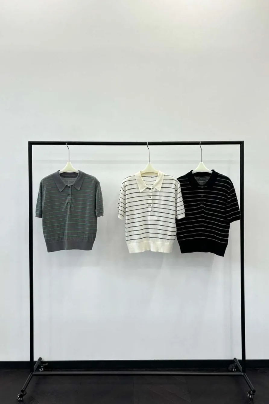 Wool containing stripe polo knitwear | 3 color