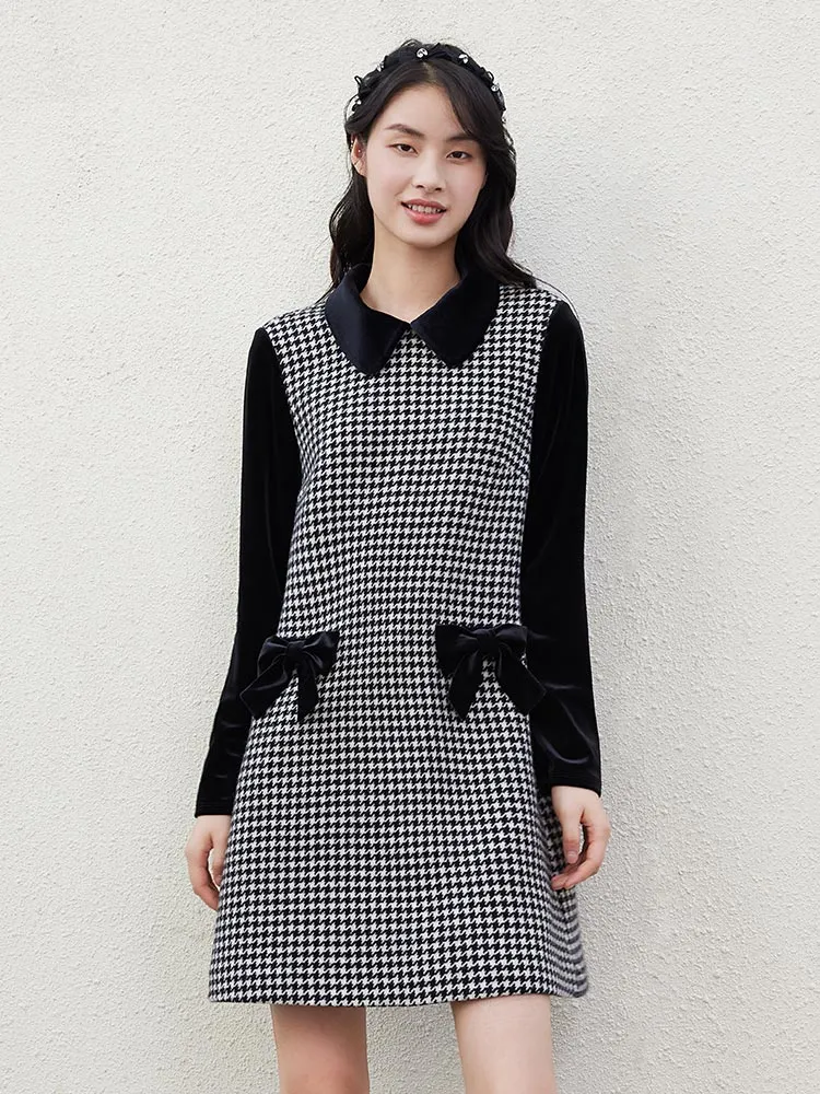 Woolen Houndstooth Bowknot Peter Pan Collar Mini Dress