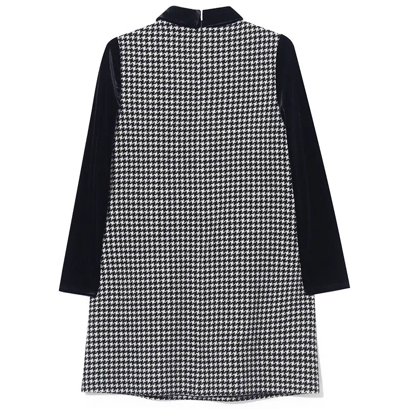 Woolen Houndstooth Bowknot Peter Pan Collar Mini Dress