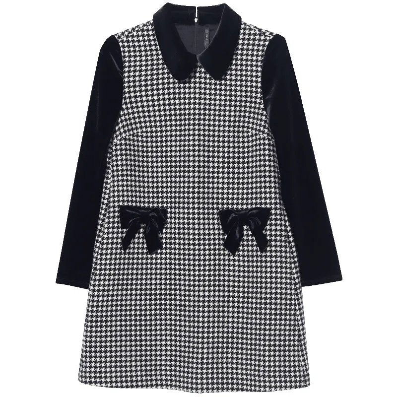 Woolen Houndstooth Bowknot Peter Pan Collar Mini Dress