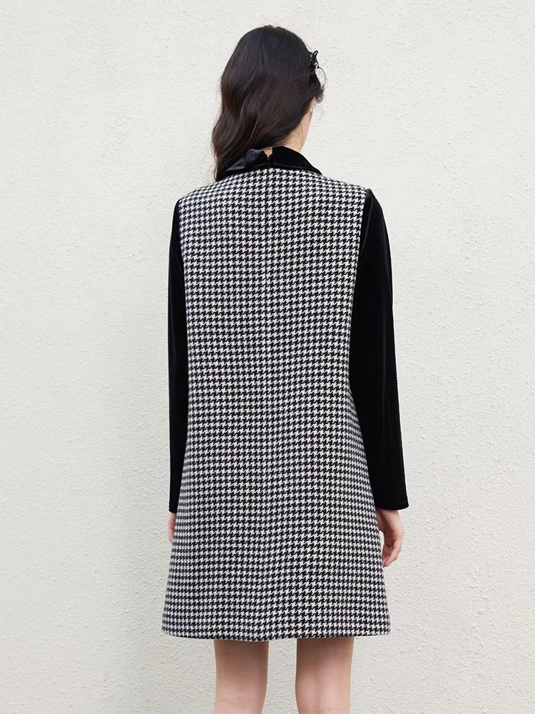 Woolen Houndstooth Bowknot Peter Pan Collar Mini Dress