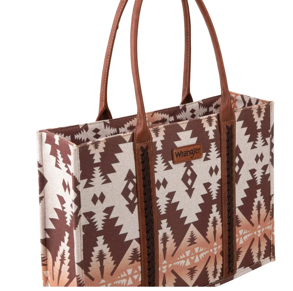 Wrangler Southwestern Pattern Dual Sided Print Canvas Wide Tote Light Coffee