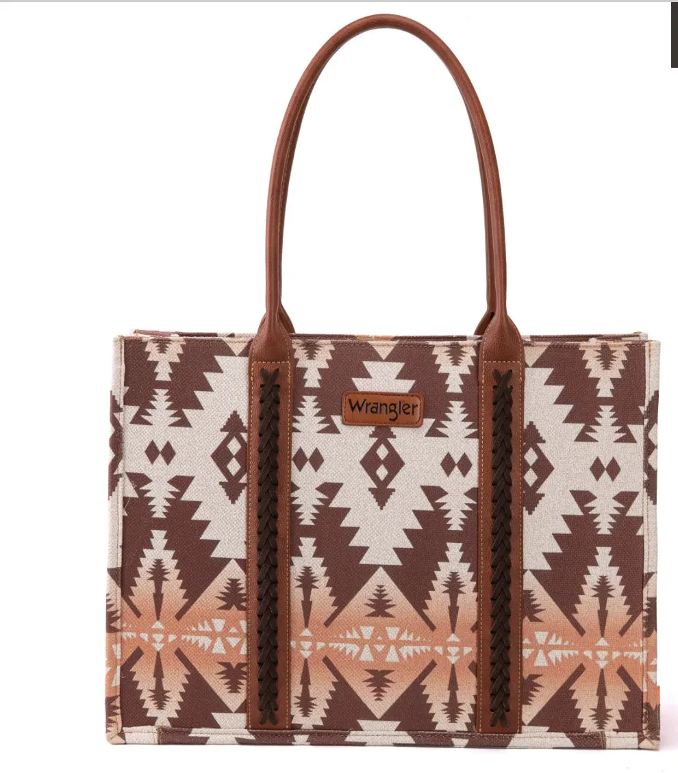 Wrangler Southwestern Pattern Dual Sided Print Canvas Wide Tote Light Coffee